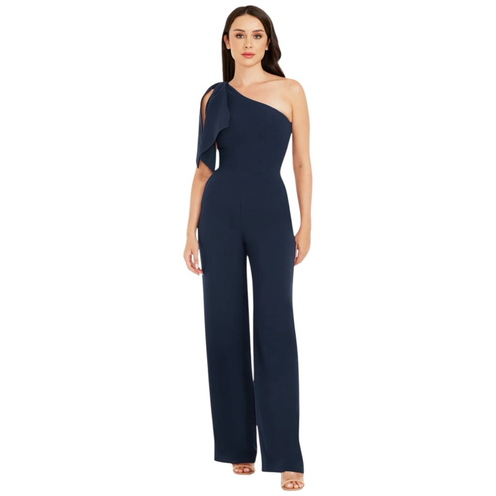 DRESS THE POPULATION Tiffany One Shoulder Bow Jumpsuit Navy Blue XL NWT $248